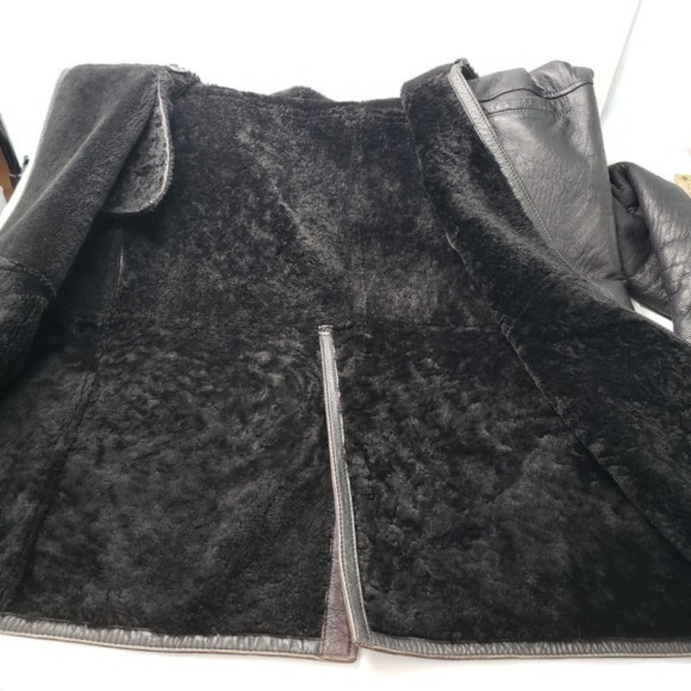 Vintage Patmos Long Leather Shearling Coat Womens Large Black Trench Full Length - Picture 16 of 16